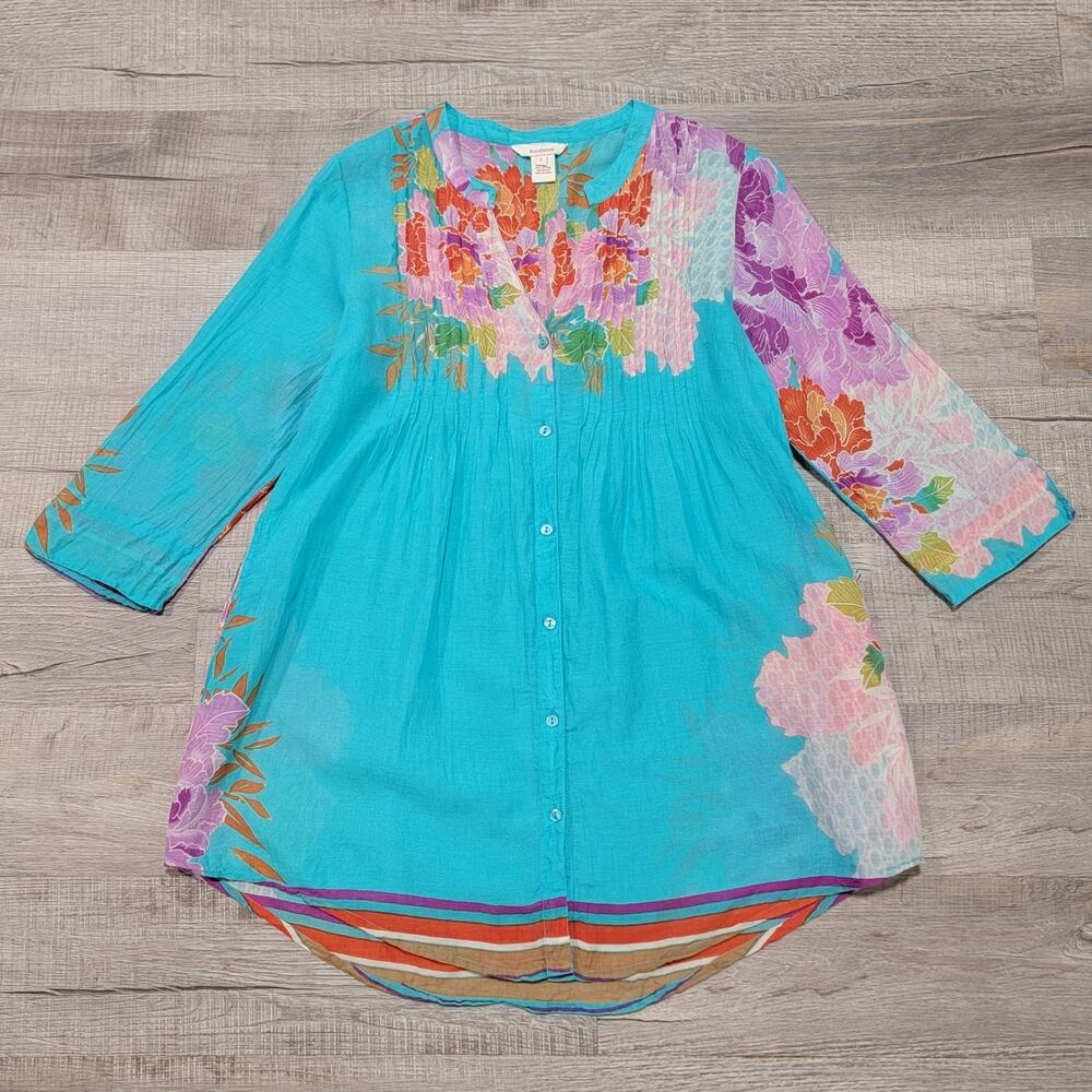 Sundance Colorful Kimono Button Up Shirt Floral Asian Inspired Pockets Boho Art